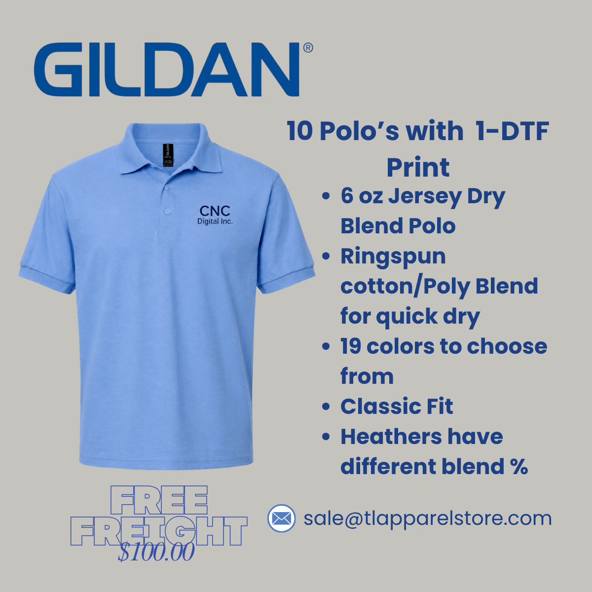 Blue polo shirt with Gildan branding and product details on a gray background