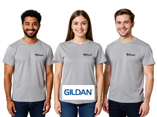 Three people wearing gray t-shirts with 'MyBrand' text, featuring the Gildan logo.