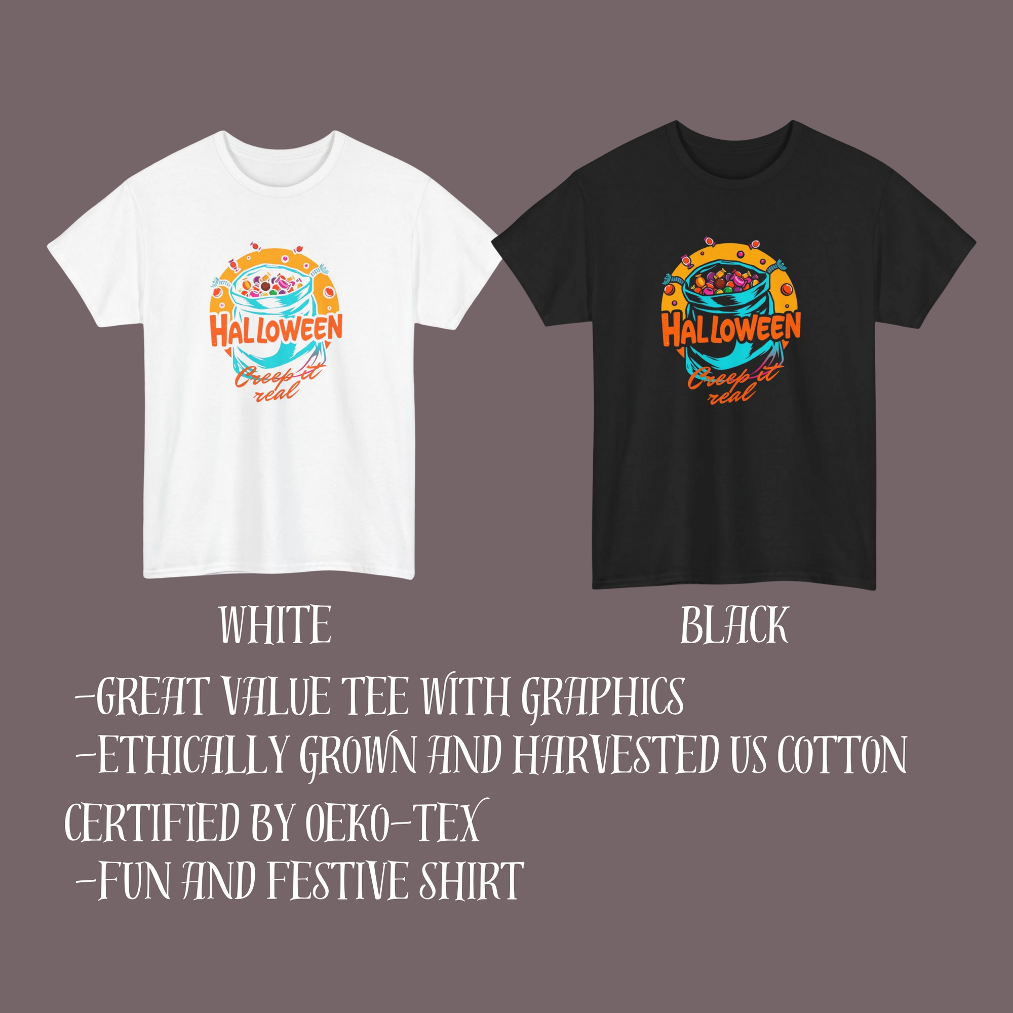 White and black t-shirts with Halloween graphics on a gray background