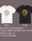 White and black t-shirts with Halloween graphics on a gray background