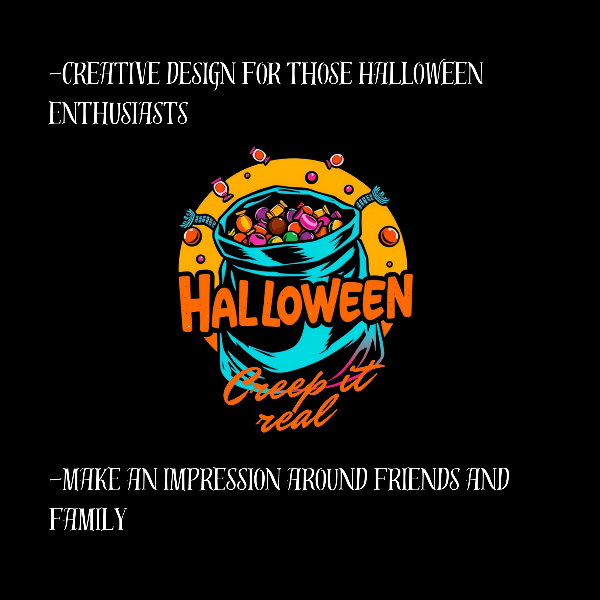 Halloween-themed graphic with colorful text and bag of candy on a black background