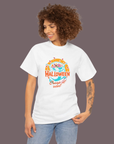 Woman wearing a white t-shirt with a colorful 'Halloween Creepy or Treat' design on a gray background