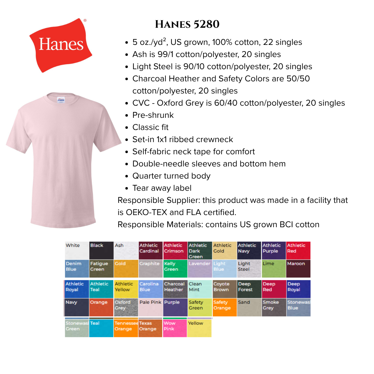 Hanes t-shirt with color chart and specifications on a white background