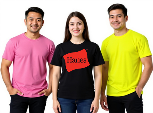 Three people wearing Hanes t-shirts in pink, black, and yellow on a white background