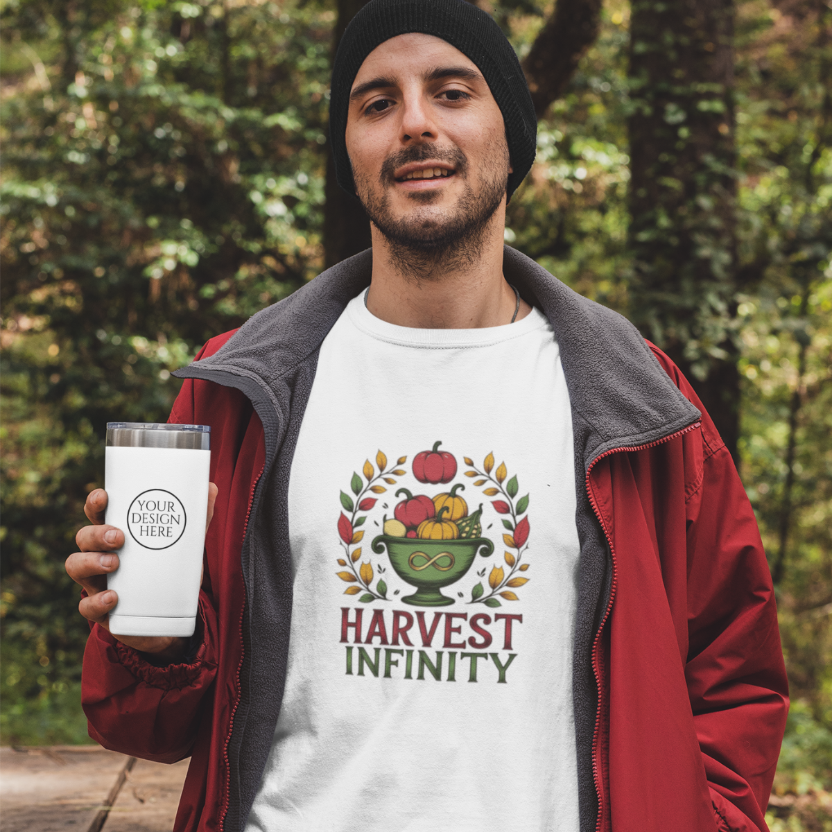 Man wearing a white t-shirt with 'Harvest Infinity' design, holding a white tumbler outdoors.