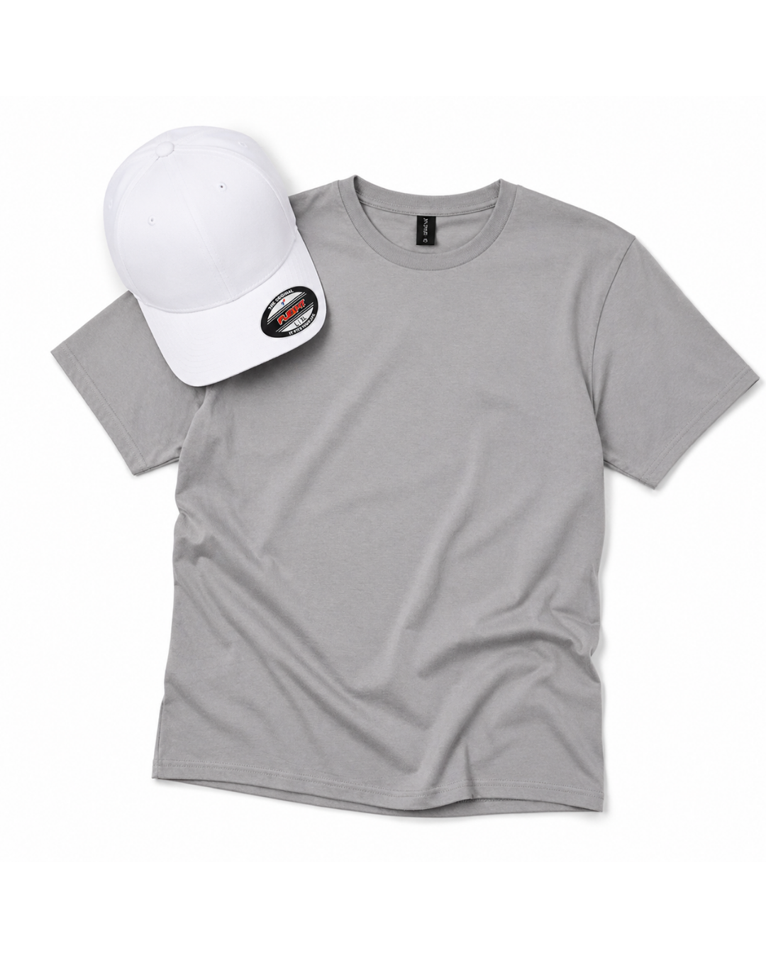 Gray t-shirt and white cap on a white background