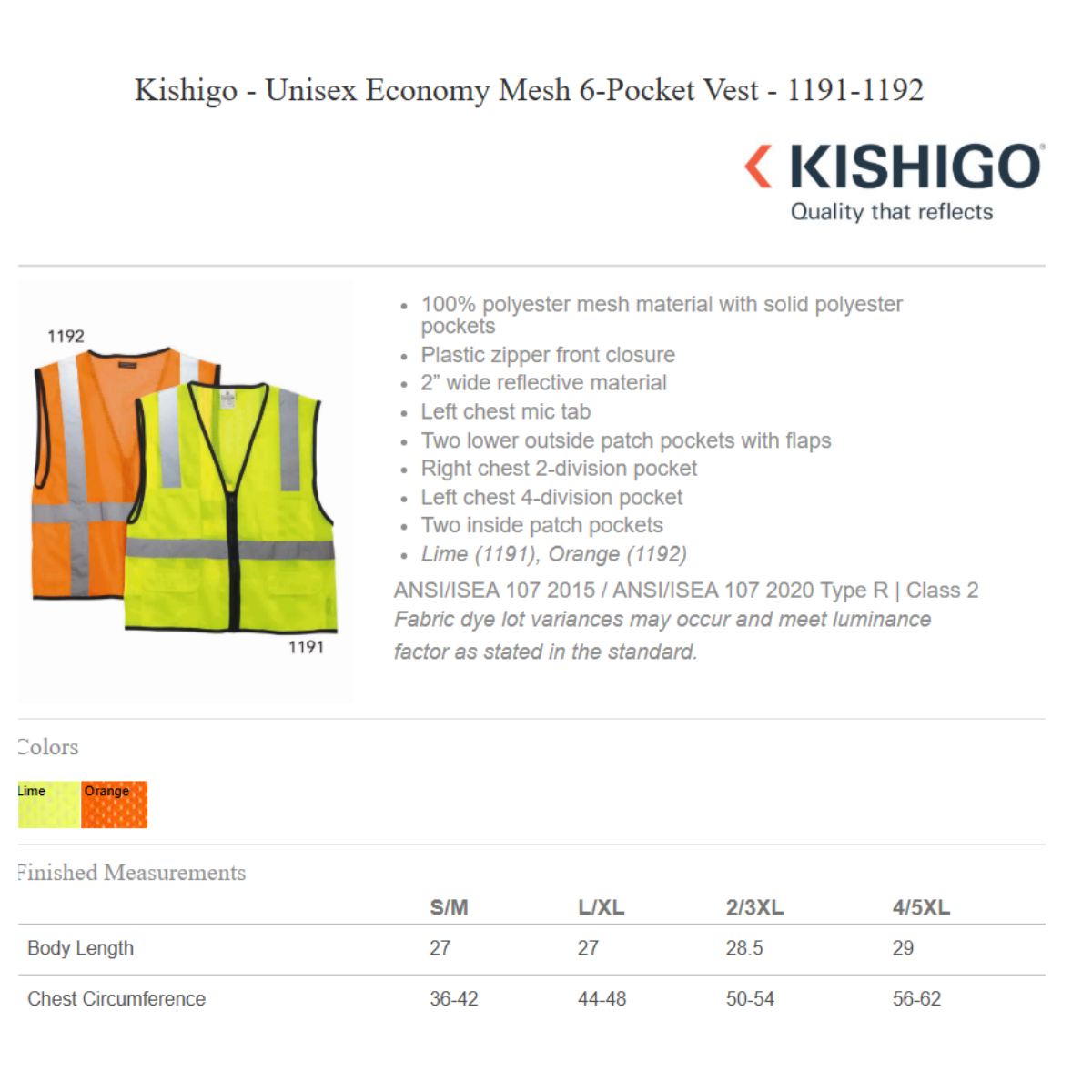 Custom High-Visibility Safety Vest — ANSI Class 2 | Kishigo 1191/1192 Safety Gear