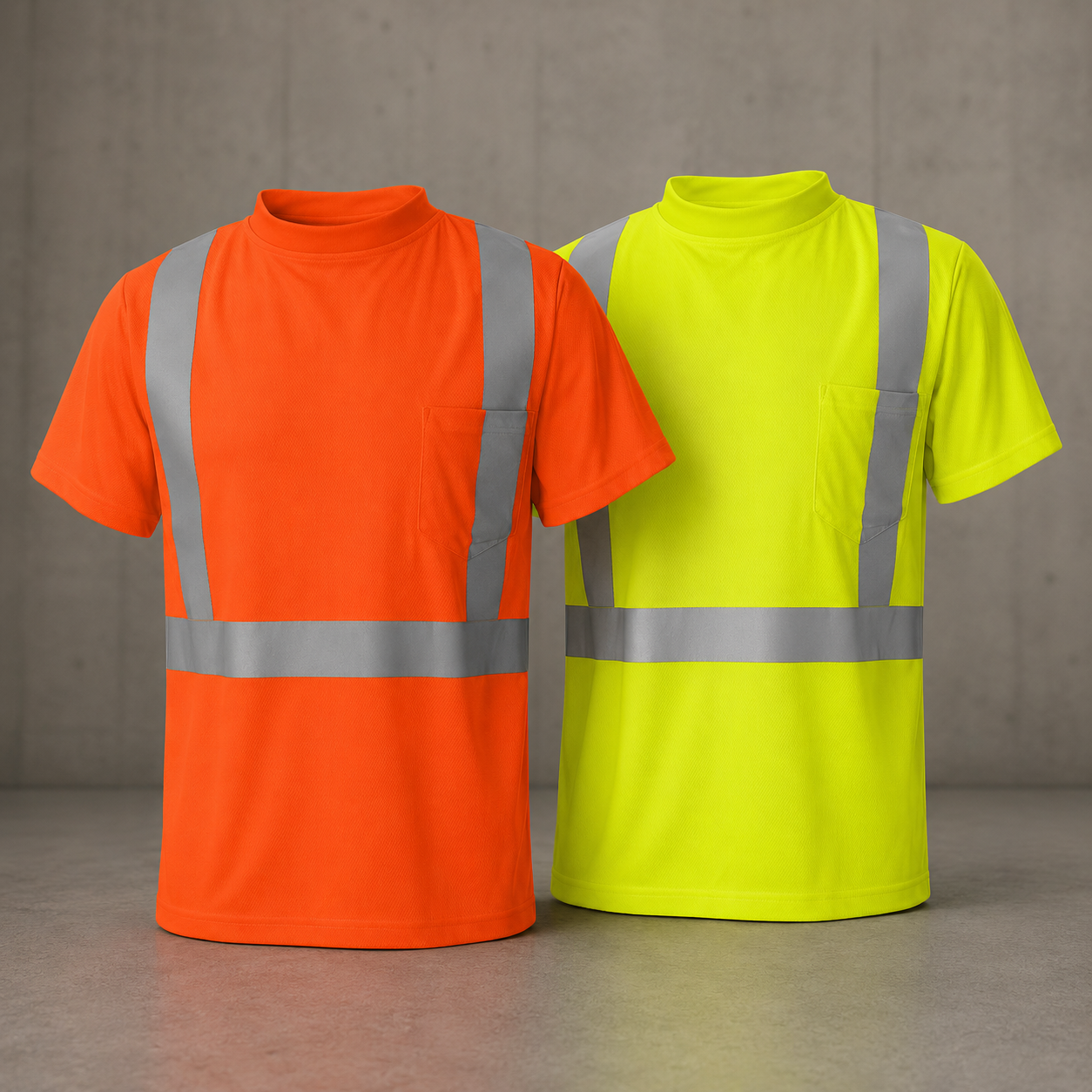 Orange and yellow high-visibility shirts with reflective stripes on a gray background
