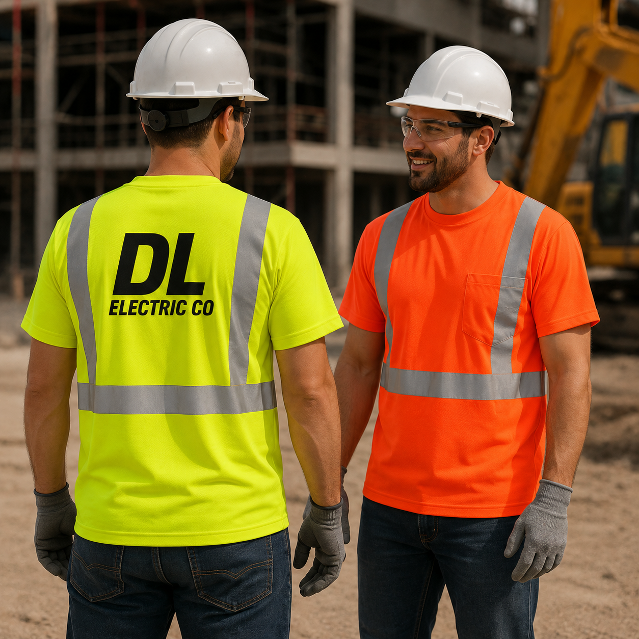 Two construction workers in high-visibility shirts at a construction site.