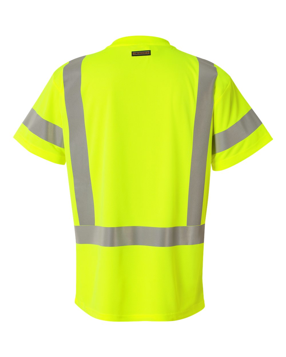 High-visibility yellow safety shirt with reflective stripes on a white background