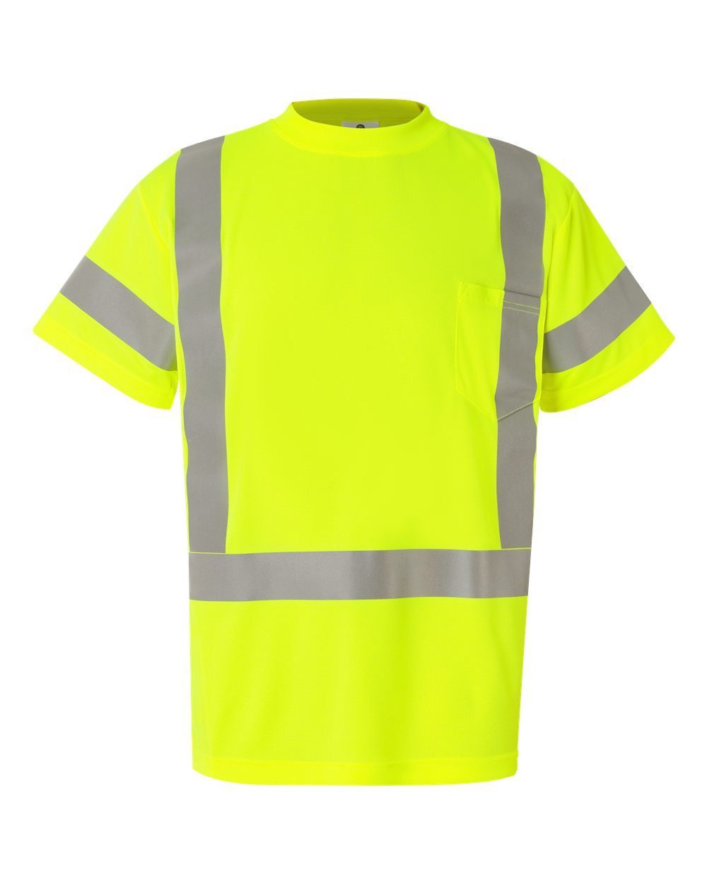 High-visibility yellow safety shirt with reflective stripes on a white background