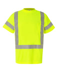 High-visibility yellow safety shirt with reflective stripes on a white background