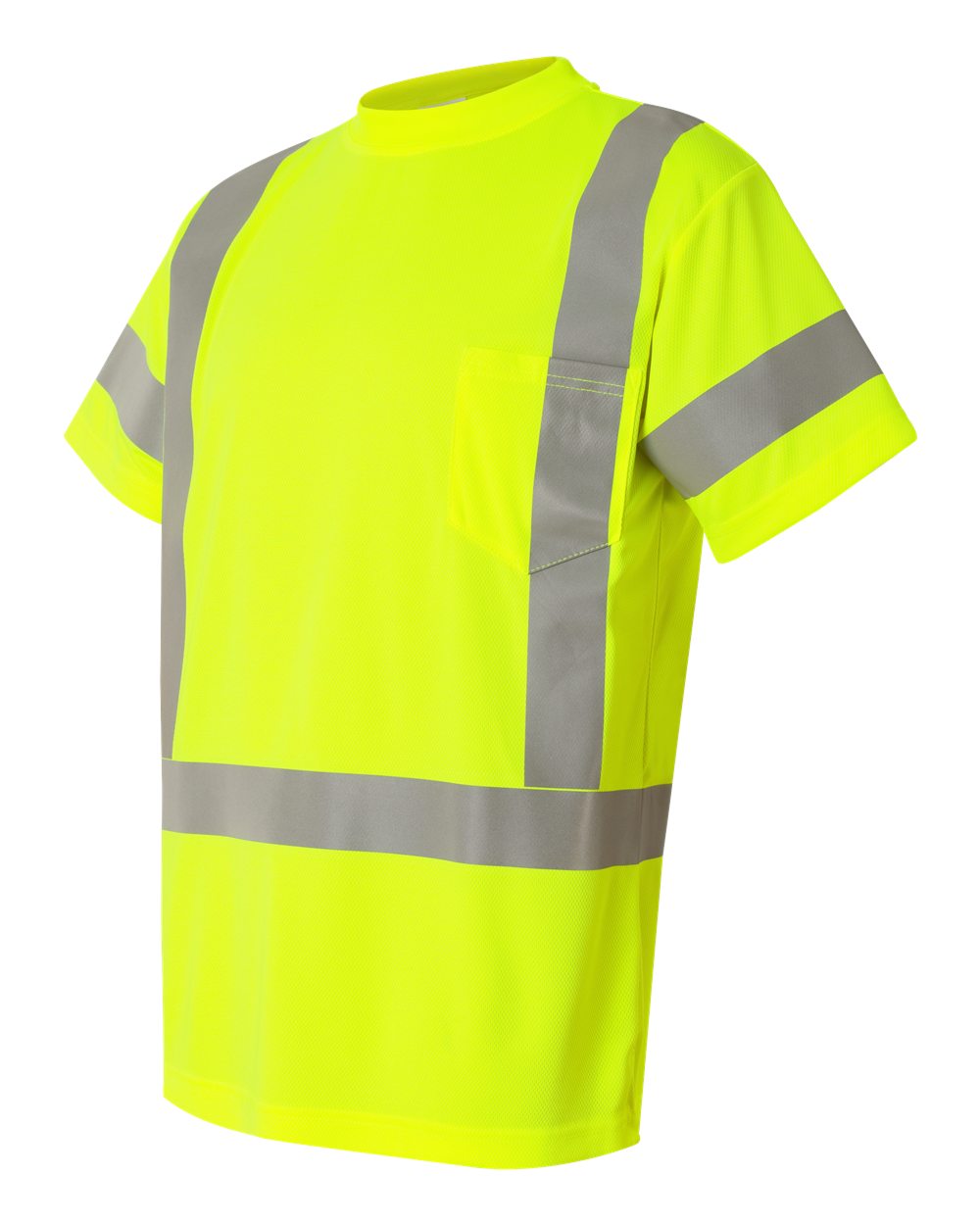 High-visibility yellow safety shirt with reflective stripes on a white background