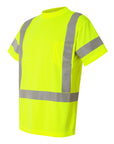 High-visibility yellow safety shirt with reflective stripes on a white background