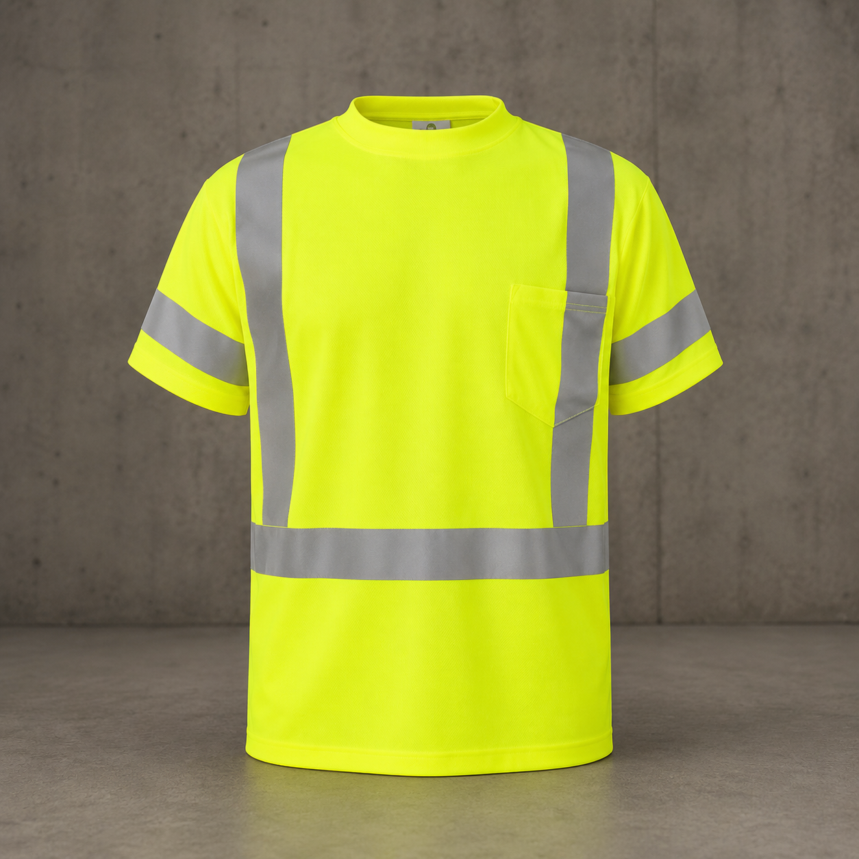 High-visibility yellow safety shirt with reflective stripes on a gray background