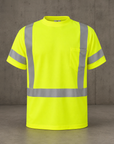 High-visibility yellow safety shirt with reflective stripes on a gray background