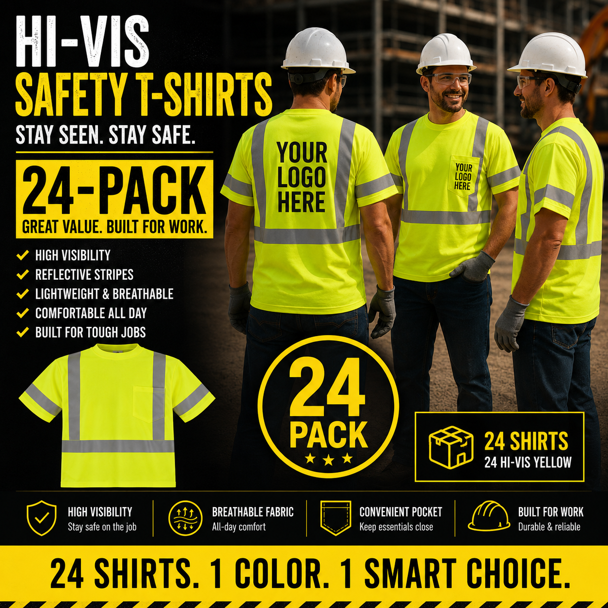 Promotional image of high-visibility safety t-shirts with reflective stripes, featuring three men wearing the shirts.