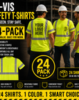 Promotional image of high-visibility safety t-shirts with reflective stripes, featuring three men wearing the shirts.