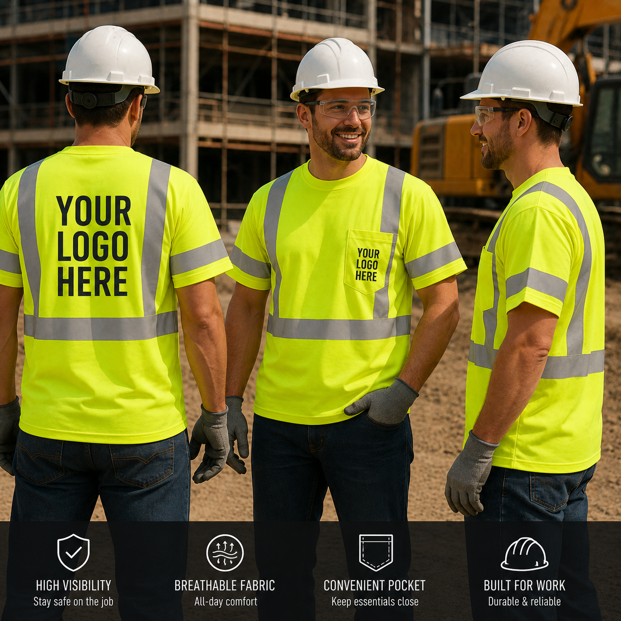 Three construction workers wearing high-visibility yellow shirts with customizable logos on a construction site.