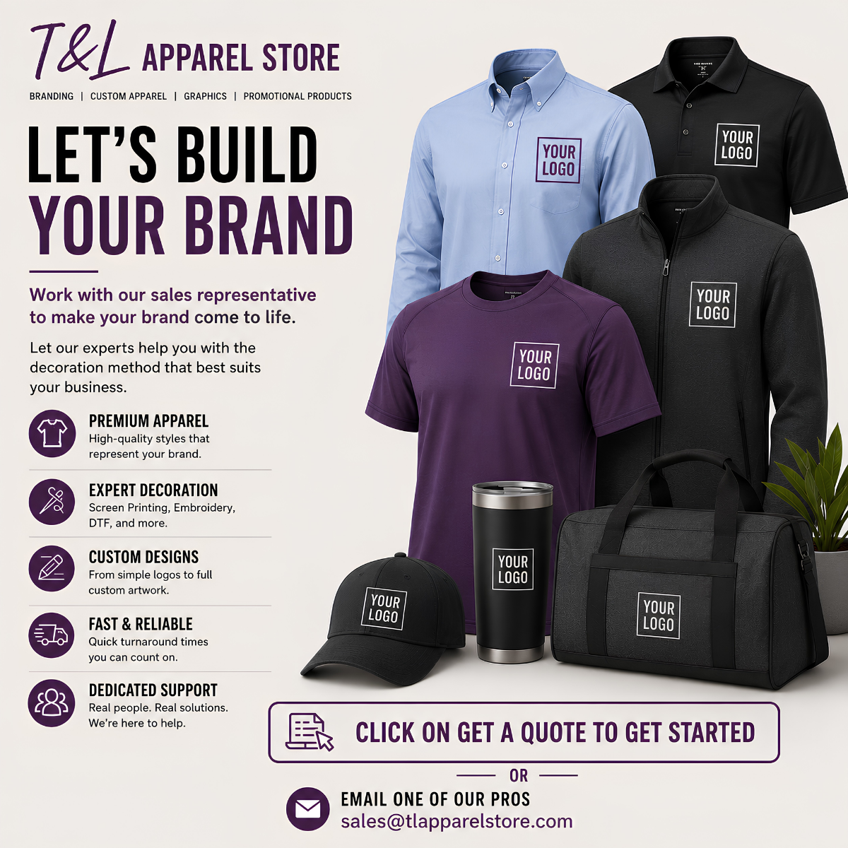 Promotional graphic for T&amp;L Apparel Store showing custom apparel options: a light blue dress shirt, a black polo shirt, a purple T-shirt, a black cap, a black insulated tumbler, and a black tote bag, each with a placeholder logo patch. Text highlights branding services and customization, with icons and call-to-action buttons.