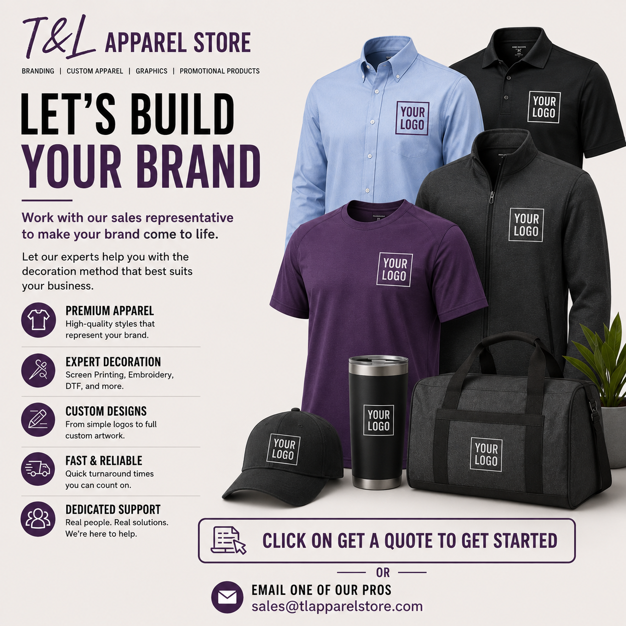 Promotional graphic for T&amp;L Apparel Store showcasing custom apparel mockups including a light blue dress shirt, black polo shirt, purple T-shirt, black cap, and a black duffel bag, each with a placeholder logo patch. The left side includes branding text and feature icons for premium apparel, screen printing, custom designs, and fast reliable service.