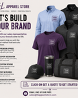 Promotional graphic for T&L Apparel Store showcasing custom apparel mockups including a light blue dress shirt, black polo shirt, purple T-shirt, black cap, and a black duffel bag, each with a placeholder logo patch. The left side includes branding text and feature icons for premium apparel, screen printing, custom designs, and fast reliable service.