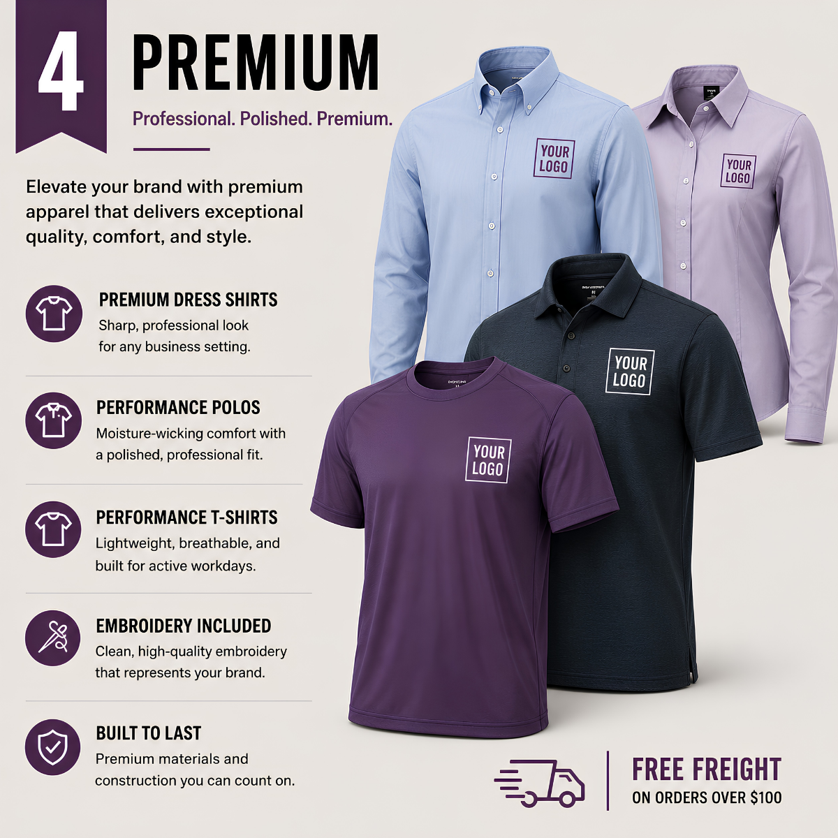Promotional graphic for premium dress shirts and polos in multiple colors, including light blue, lavender, dark navy, and purple, with text listing features such as performance comfort, lightweight construction, and free freight on orders over $100.