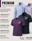 Promotional graphic for premium dress shirts and polos in multiple colors, including light blue, lavender, dark navy, and purple, with text listing features such as performance comfort, lightweight construction, and free freight on orders over $100.