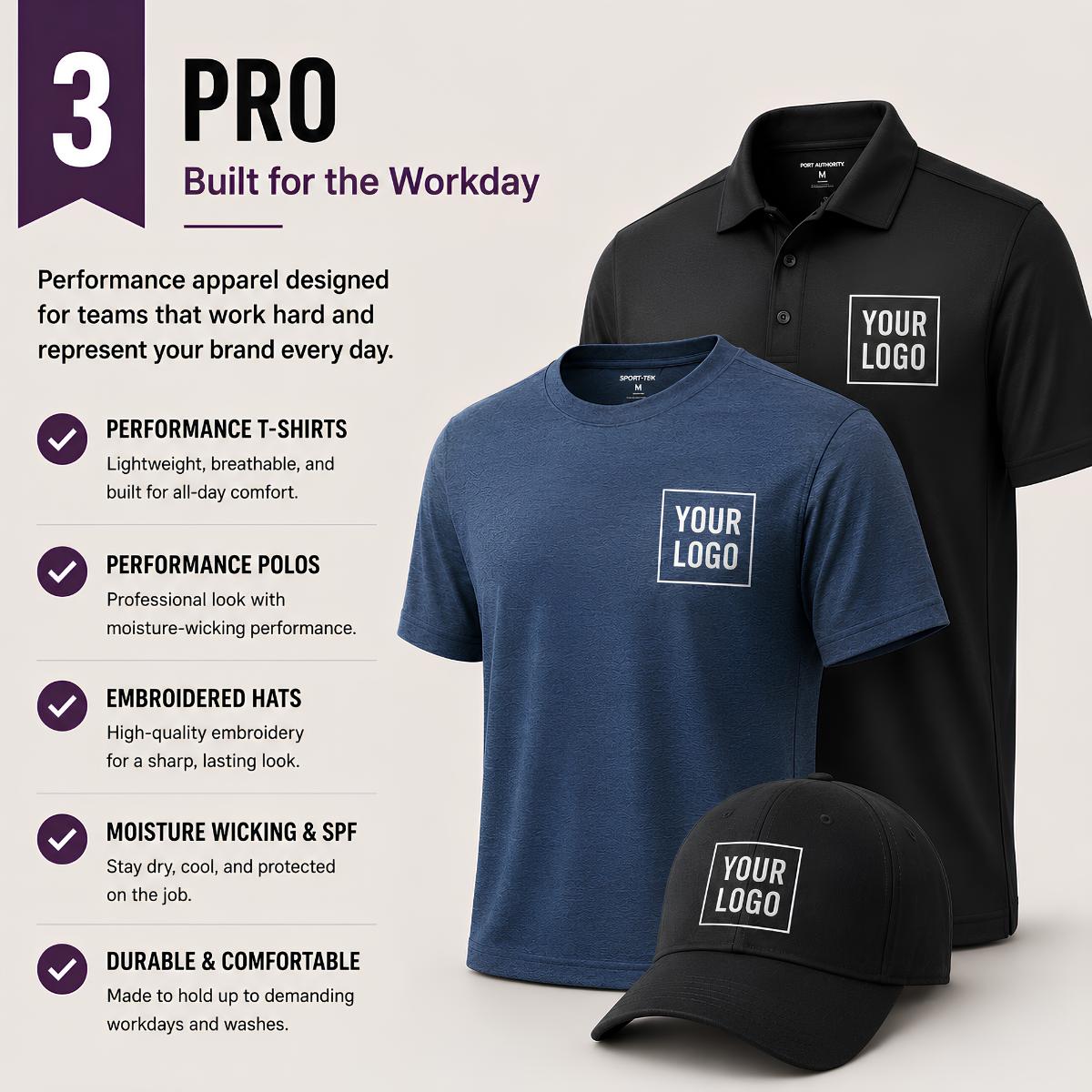 Promotional graphic for performance apparel showing a navy T-shirt, black polo shirt, and black cap with a white square 'YOUR LOGO' patch on the chest, alongside marketing text on a light beige background.