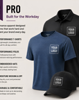 Promotional graphic for performance apparel showing a navy T-shirt, black polo shirt, and black cap with a white square 'YOUR LOGO' patch on the chest, alongside marketing text on a light beige background.
