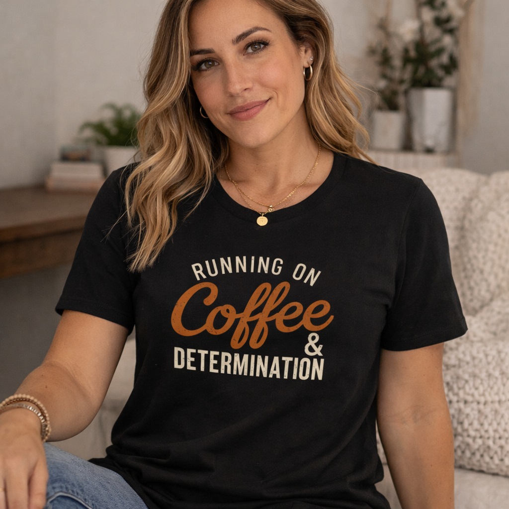 Woman wearing a black t-shirt with 'Running on Coffee & Determination' text in a casual setting.