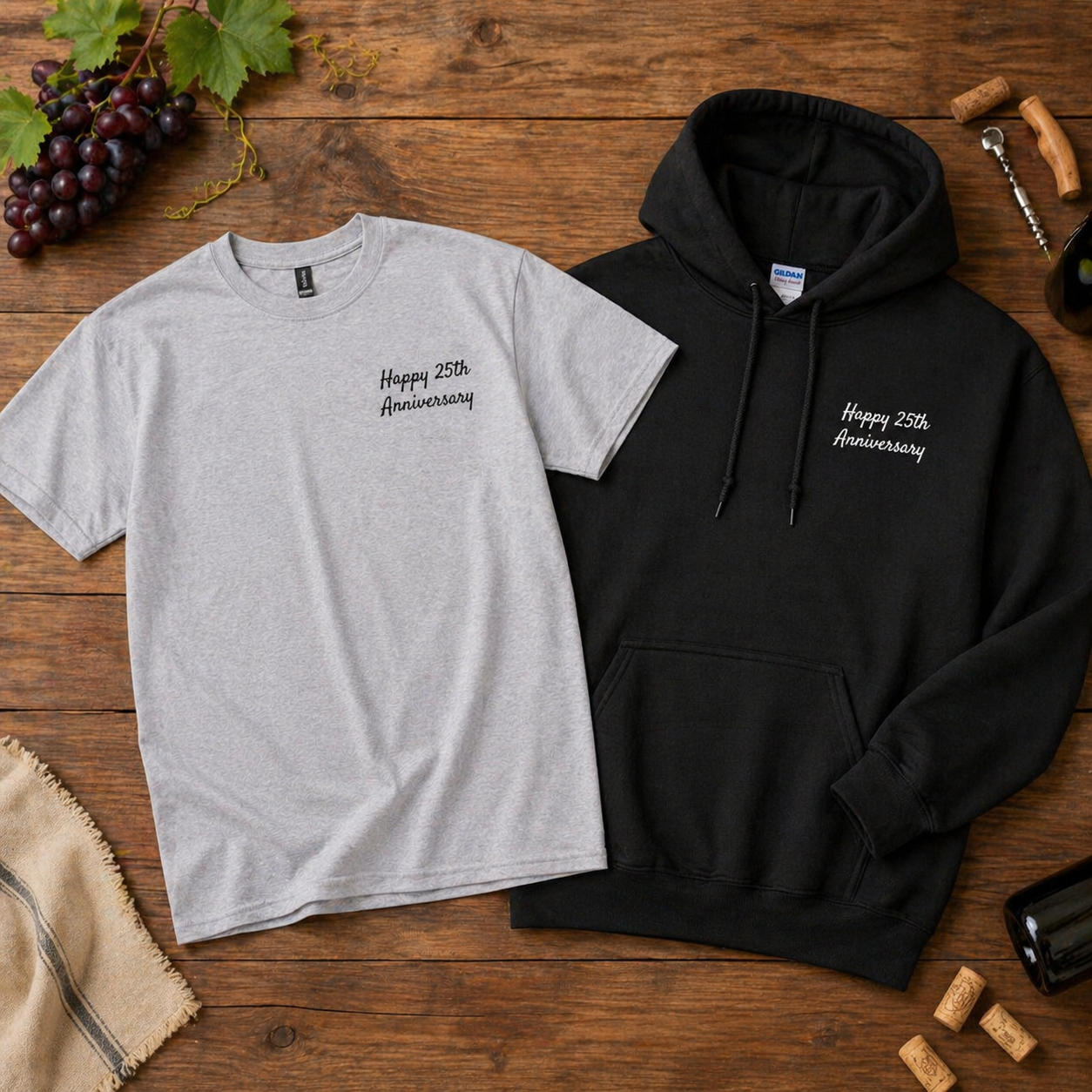 Gray t-shirt and black hoodie with 'Happy 25th Anniversary' text on a wooden surface.