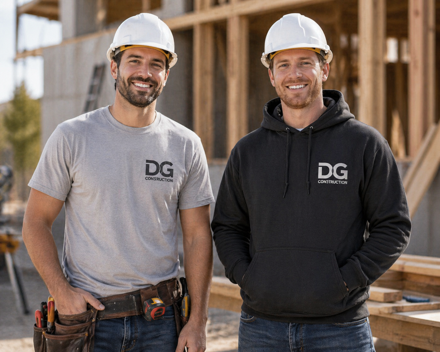 Two construction workers wearing hard hats and DG Construction branded clothing standing in front of a building under construction.