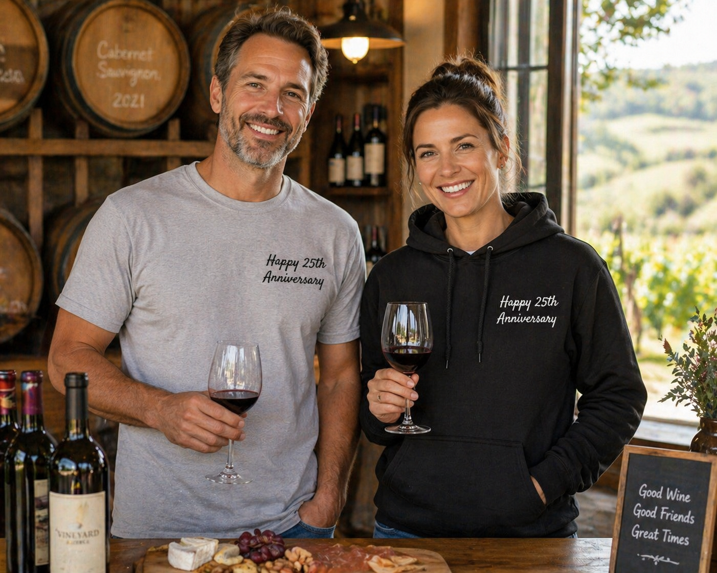 Two people holding wine glasses in a vineyard setting with wine barrels and bottles in the background.