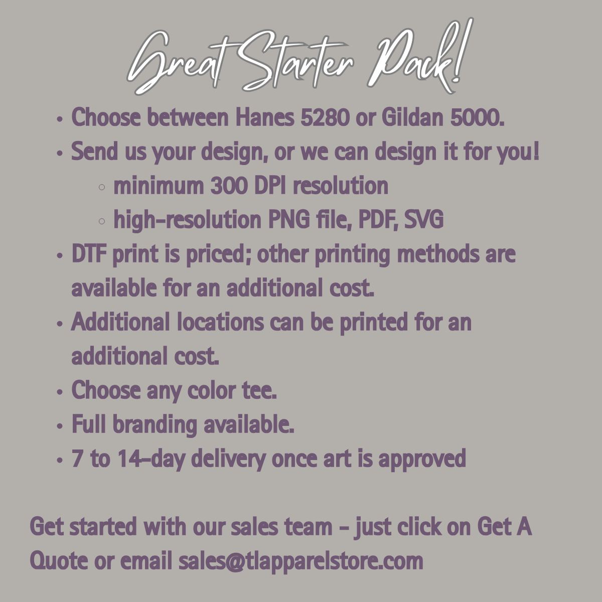 Promotional text for a starter pack with printing options and requirements on a gray background